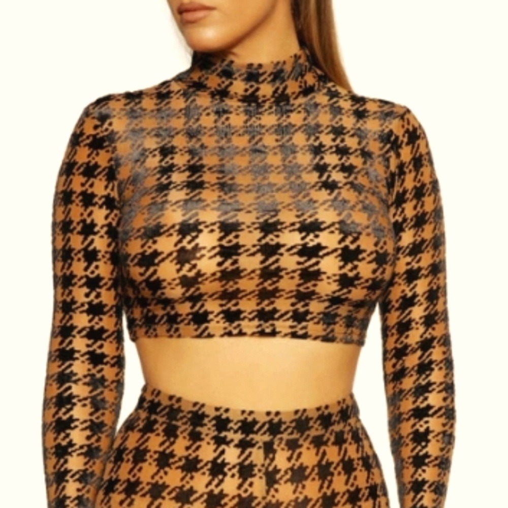 Naked Wardrobe Women's Brown Houndstooth Turtle Neck Long Crop Top Size Medium